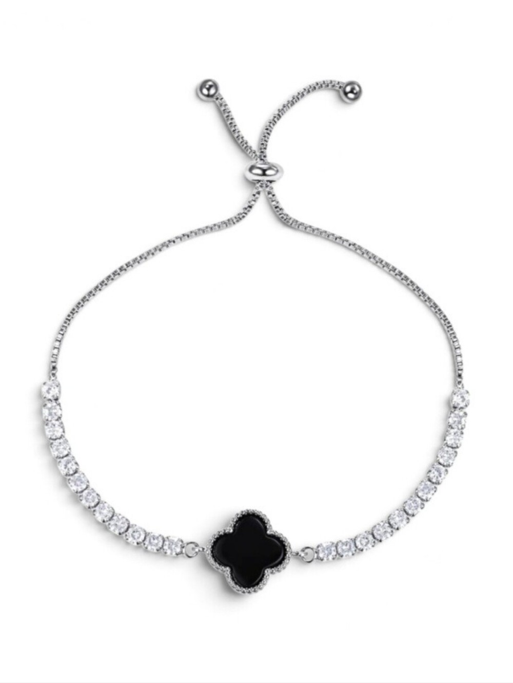 Cubic Zirconia with Clover Motif - Slider Tennis Bracelet, Bolo Clasp
